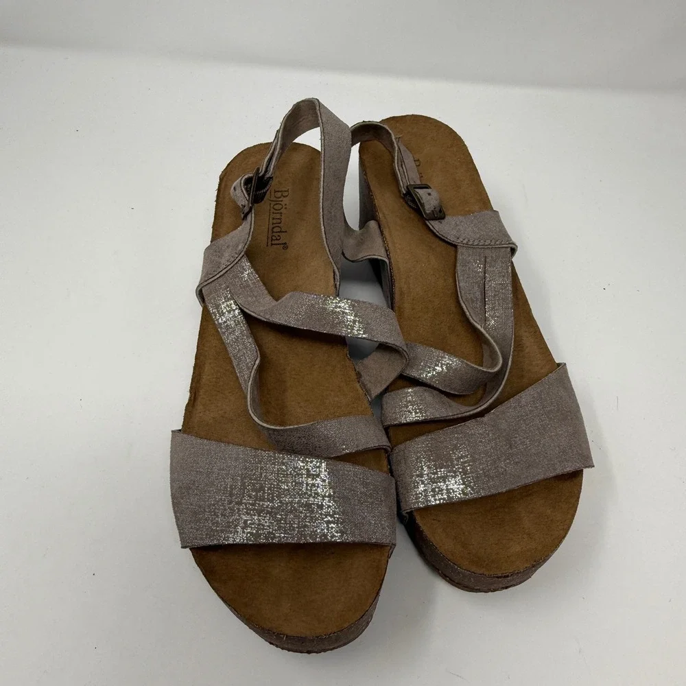 Bjorn Dahl Taupe Wedge Sandals Slingback Cork Platform Strappy Size 7‎